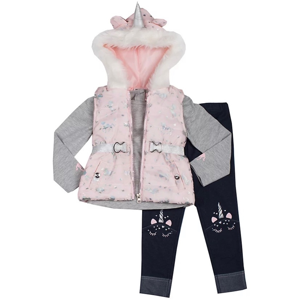Girls Little Lass Unicorn Puffer Vest, Tee & Leggings Set Size 5